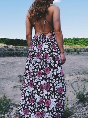 LOFT Black Floral Backless Maxi Dress